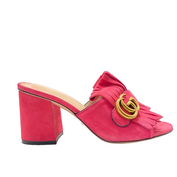 Gucci Pink Suede Leather GG Marmont Fringe Open Toe Sandals - Picture 3 of 9